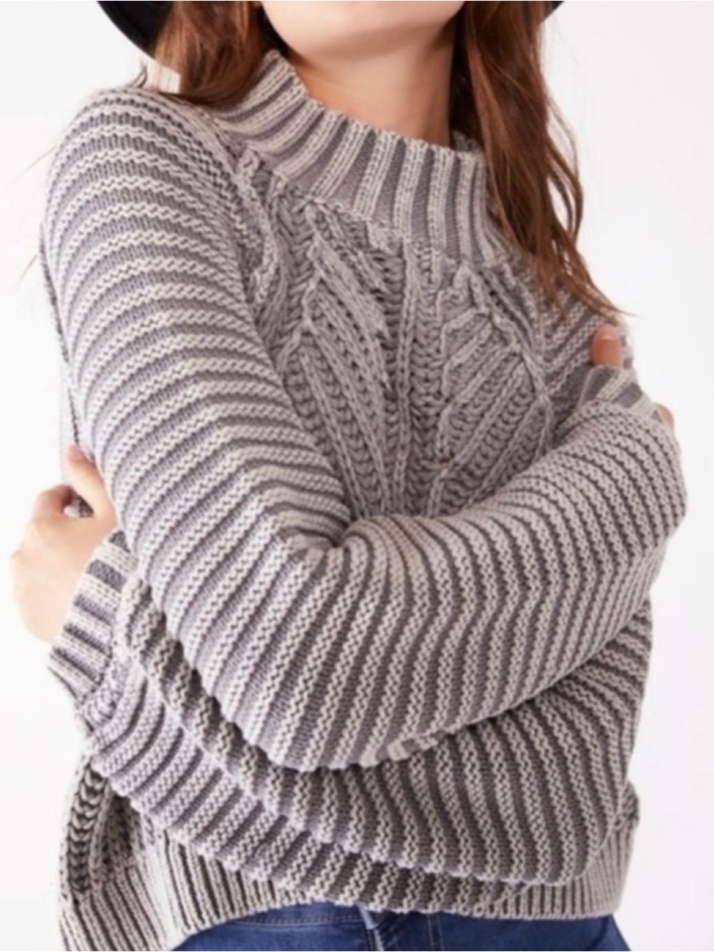 Free People Sweetheart Cable Knit Mock Neck Sweater Gray Large NWT